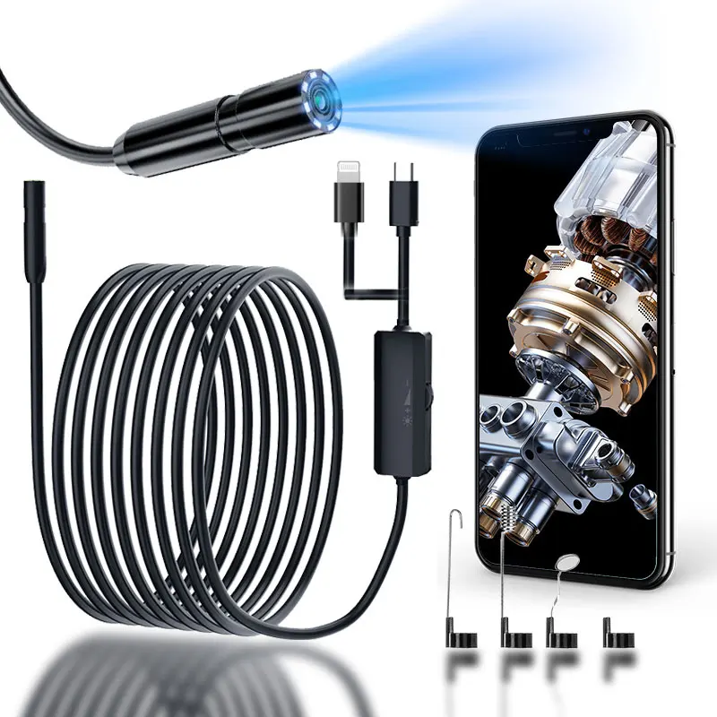 8mm Endoscope Camera For iPhone iPad IOS & Android Type-c Led Light IP67 Borescope Industry Inspection Camera With Semi-Rigid 1