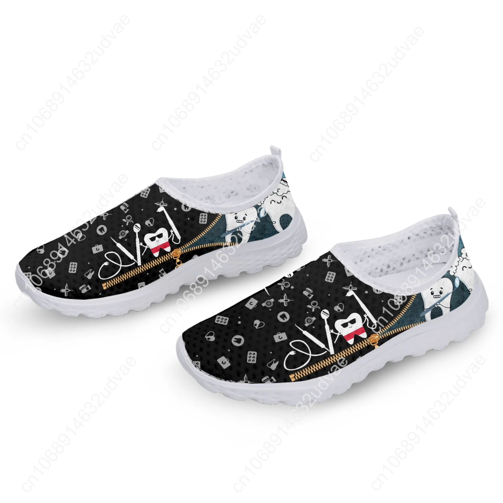 Black Funny Cartoon Teeth Print Ladies Summer Mesh Shoes Comfortable Lightweight Slip On Footwear Mesh Sneakers