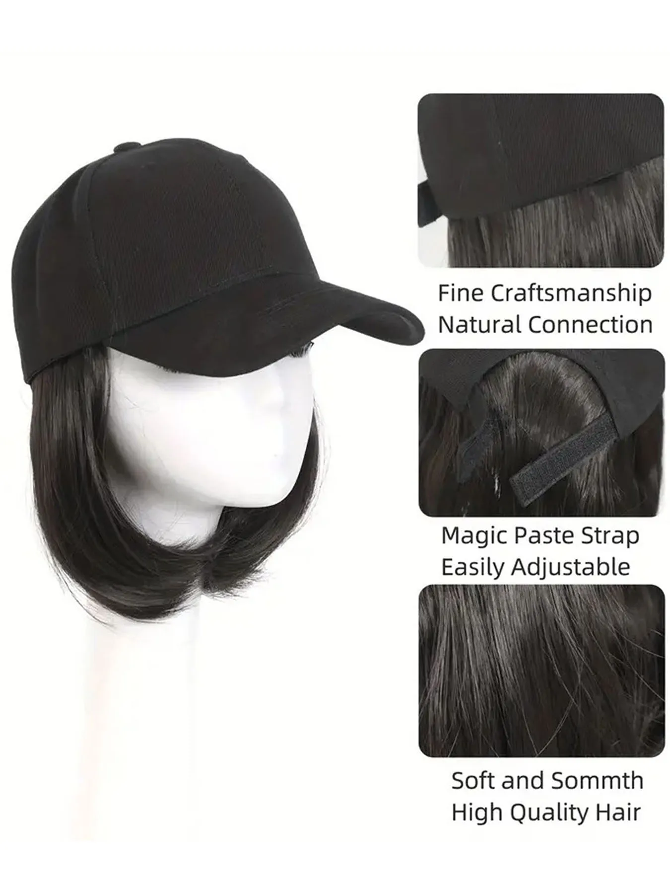 Hat Wigs Synthetic Short Bob Straight Wig With Black Baseball Cap Adjustable Hat Wigs Straight Hair Extensions For Women Fashion