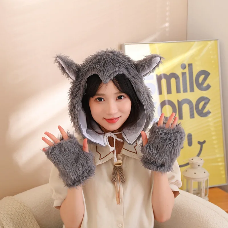 Halloween Gray Wolf Hats With Gloves Set Men Women Funny Headwear Festival Carnival Party Animal Cosplay