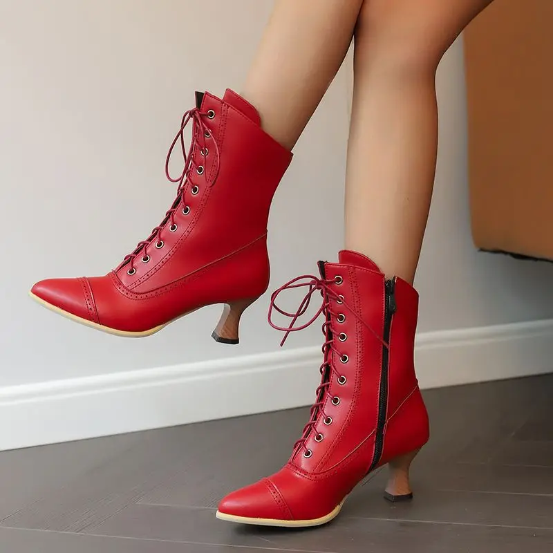 Kcenid Autumn Winter Women Modern Punk Boots Pointed Toe Lace Up Med Strange Heel Fashion Ankle Western Boots Shoes Woman