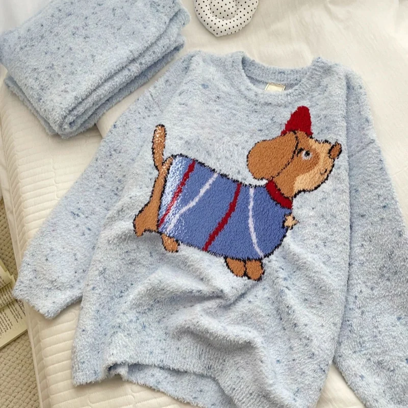 Coral Velvet Pajamas Women Winter Sweet Cute Dog Leisure Thickened Girls Homewear Blue Soft Warm Set