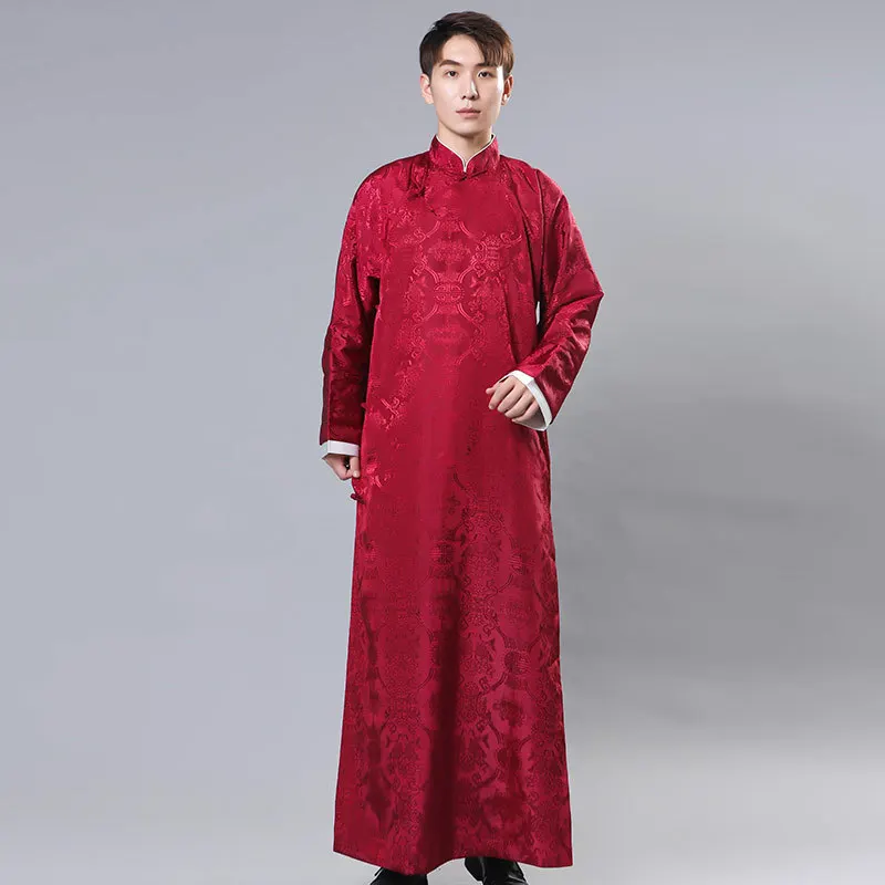 Men Chinese Traditional Style Tang Suit Long Robes Crosstalk Stage Costume Groomsman Retro Red Print Qipao Dress Gown