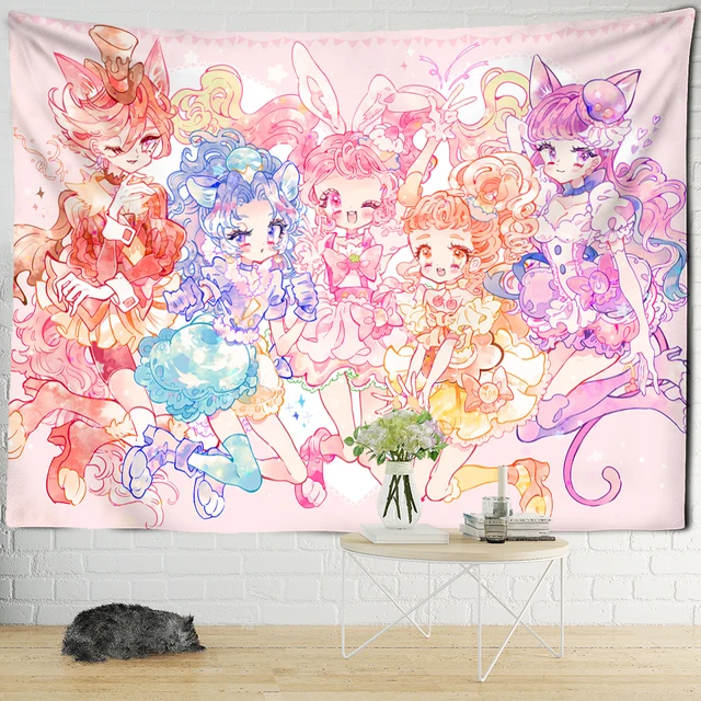 HOKMAH Tapeçaria colorida de anime fofo, design de desenho animado japonês  Kawaii japonês engraçado tapeçaria rosa arte de parede para sala de estar  quarto dormitório decoração de casa tapeçarias pano de fundo (