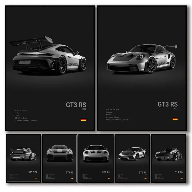 Sports Car Poster Pop Black And White German Luxury 911 GT3 RS Turbo HD Oil On Canvas Print Garage Living Room Decor