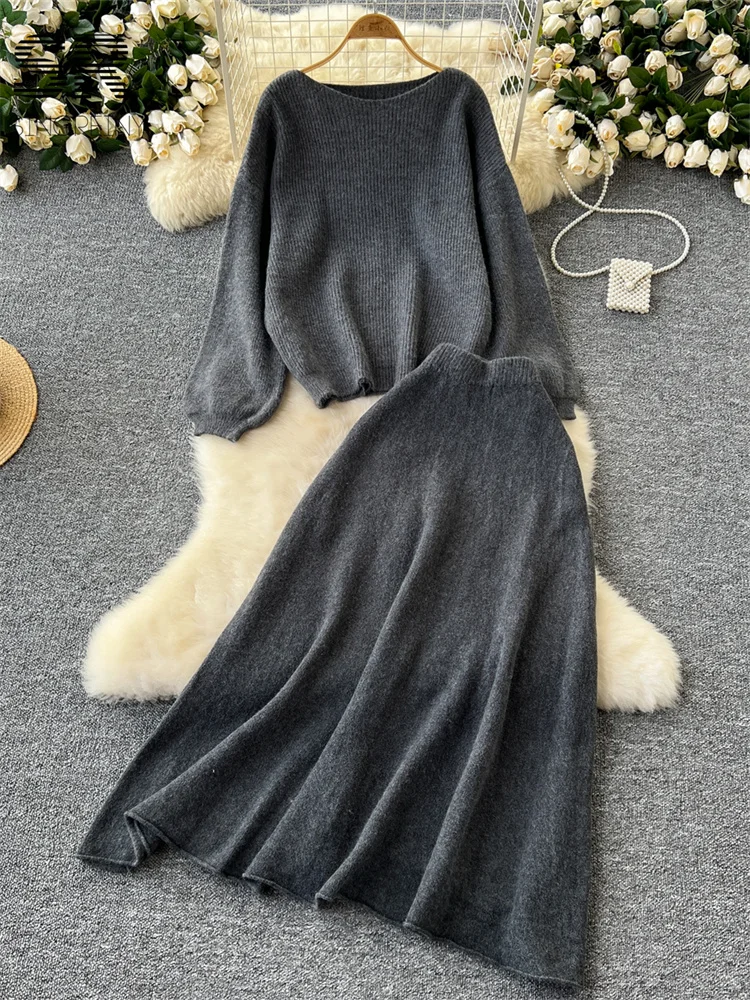 Women Two Piece Sets 2pcs Suits Women Autumn Winter Loose Sweater+Elastic Waist Skirt Ladies Basics Knitting Two Pieces Sets