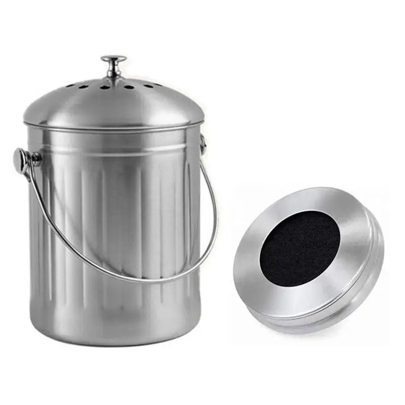 Stainless Steel Compost Bin Hanging Trash Can With Lid For Kitchen Cabinet  Door Family Sized Galvanized Metal Indoor Countertop