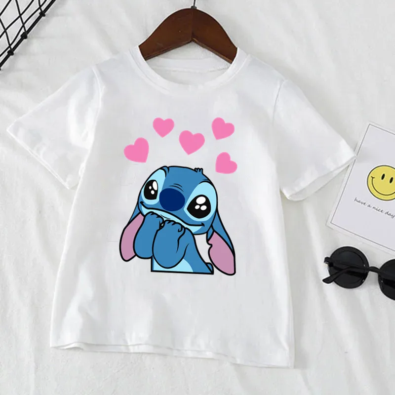 Kawaii Disney Stitch Boy Girl Clothes Cartoon T Shirt For Child T-Shirt White Short Sleeve Graphic Kid Tee 2