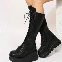 DoraTasia Black Gothic Fashion Round Toe Side Zipper Lace Up Women's Mid Calf Boots New INS Christmas Street Party Shoes Woman - Image 2