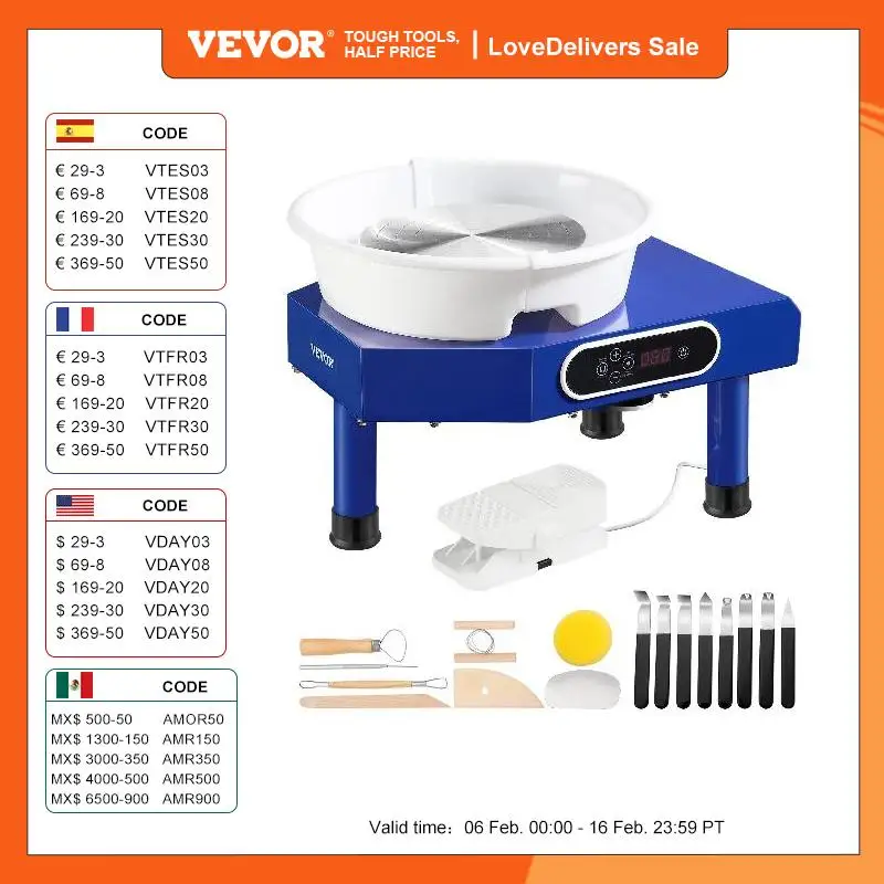 Vevor 10In Ceramic Wheel Machine Ceramic Forming Regolabile 60-300Rpm Speed Manuale Lcd Panel Pedale Abs Lavabo Staccabile