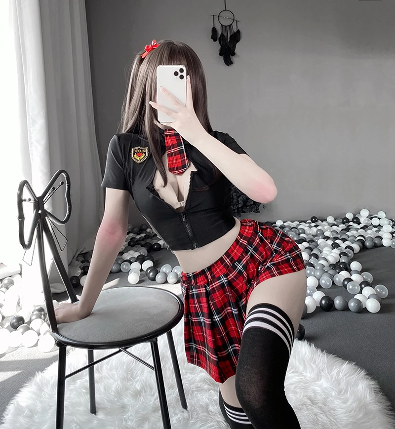 Tartan Patchwork Japanese Schoolgirl Cosplay Uniform Set Sexy JK Embroidery Pleated Role Playing Costume Plaid Skirt Socks women cosplay costume