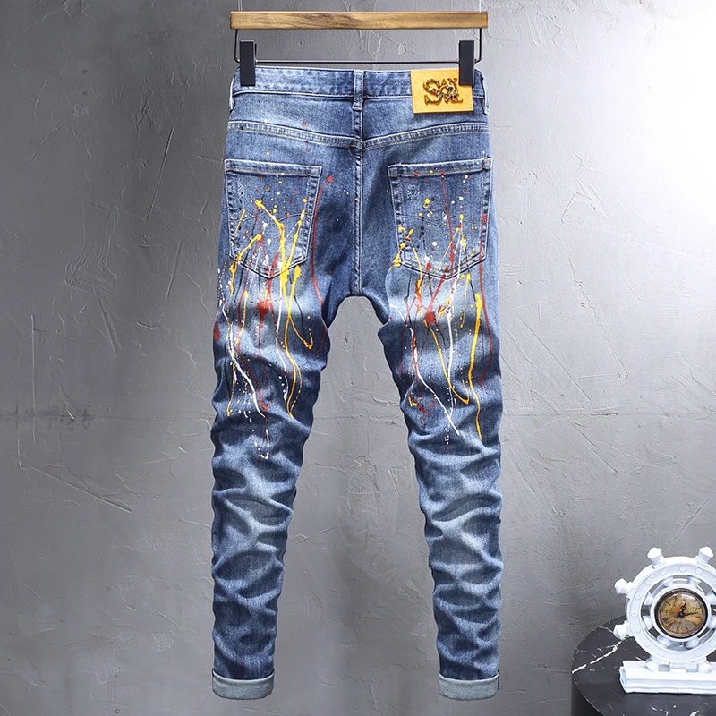 High Street Fashion Men Jeans Retro Blue Stretch Elastic Slim Fit Ripped Jeans Men Painted Designer Hip Hop Denim Pants Hombre