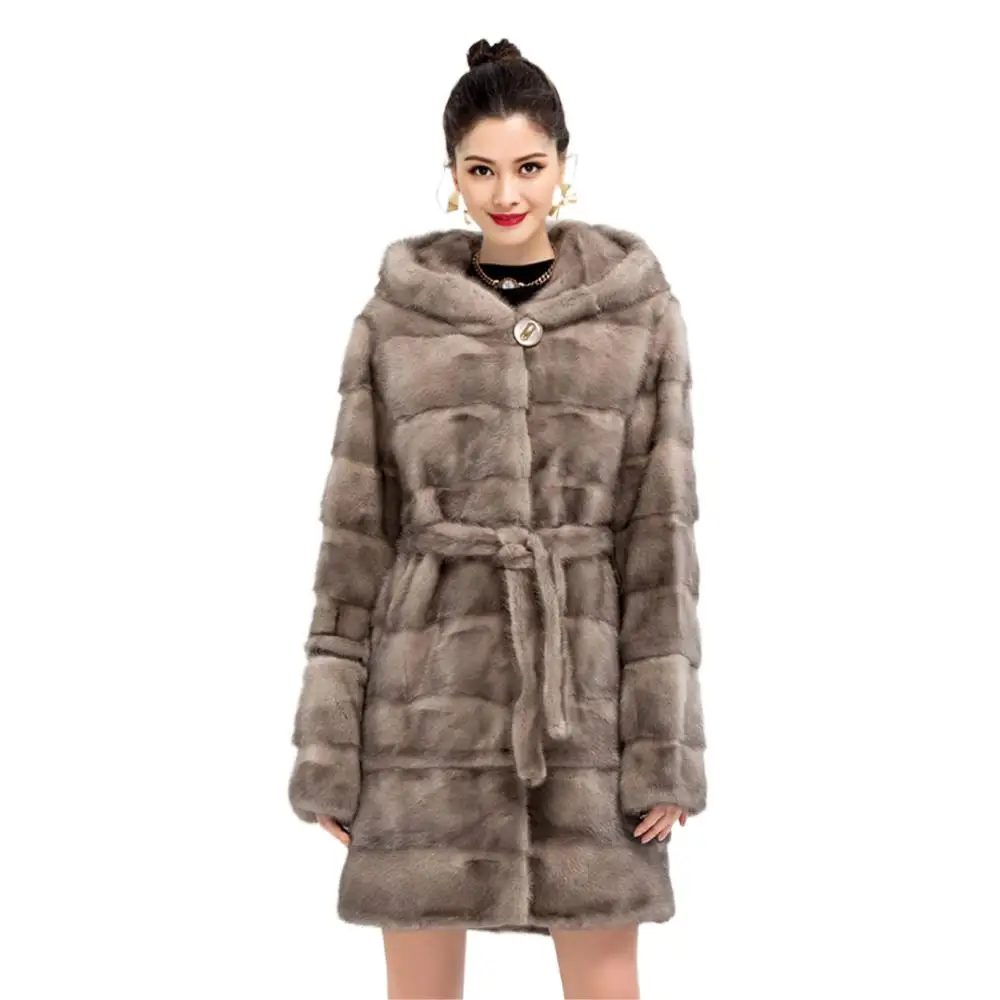 

Luxury Real Mink Fur Coat Women With Hood Hem Sleeve Detachable Soft Warm Long Winter Women Real Fur Coat casaco capuz feminino