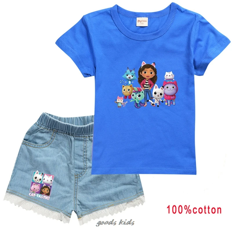 

New Gabby's Dollhouse Clothes Kids Summer Casual Outfits Toddler Girls Short Sleeve T-shirt+Denim Shorts Set Children Clothe