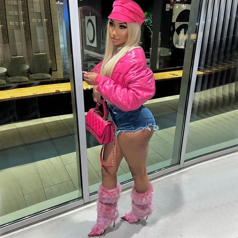 Pink Bomber Jacket Women Zipper Faux Leather Cropped Jacket Autumn Winter Windbreaker Jacket Coat Y2K Japanese Streetwear