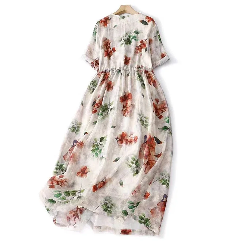 

Linen floral dress women's new fashion commuter elegant rustic style drawstring waist mid-length printed V-neck dresses ZL20