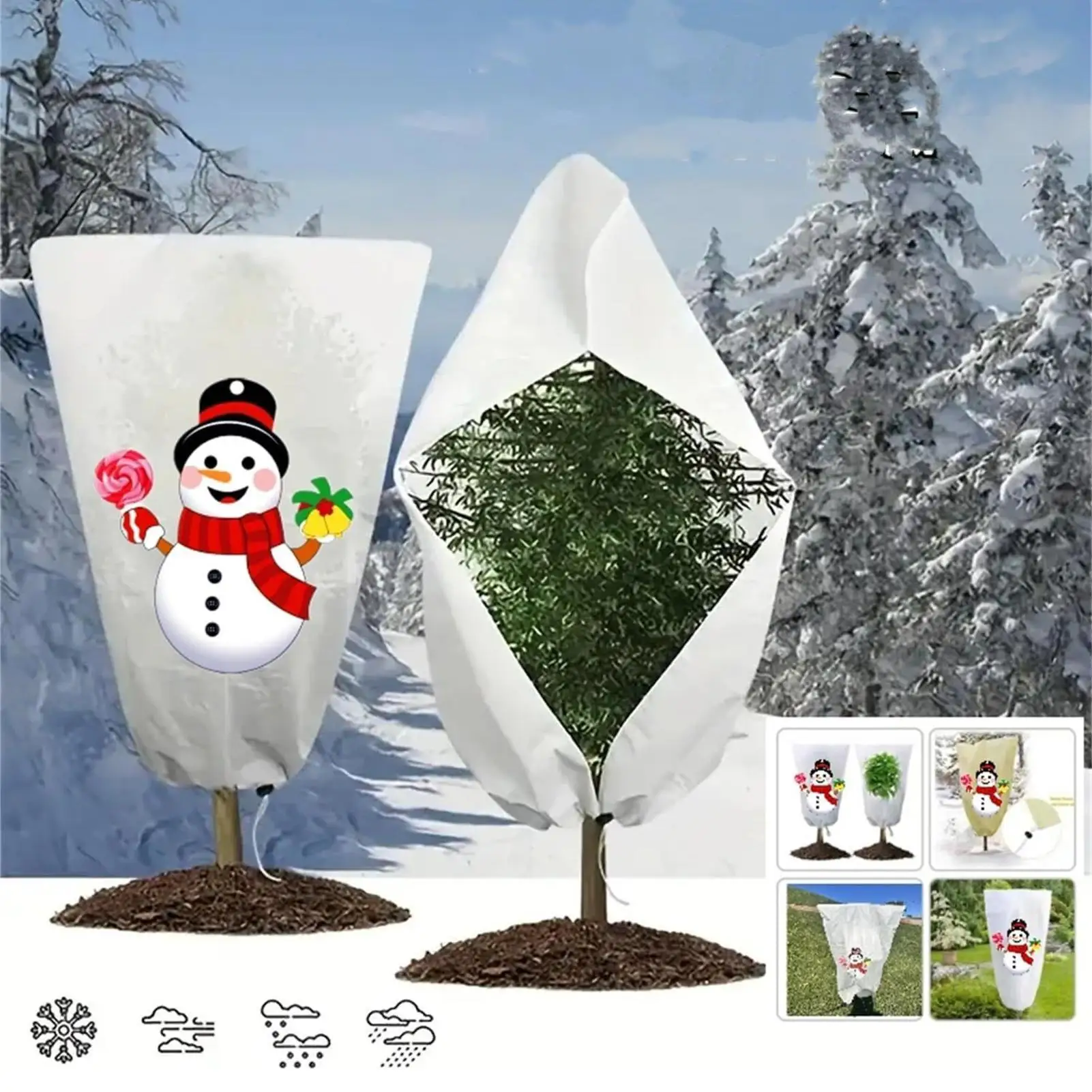 식물 서리 방지 커버 크리스마스 테마 겨울 식물 동결 방지 커버 지퍼 드로스트링 버클 통기성 부직포