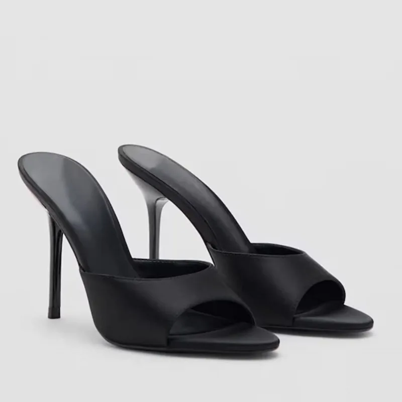 Summer Women Black Satin Stiletto Heel Mules Square Toe Shoes for Evening Party Date Wear