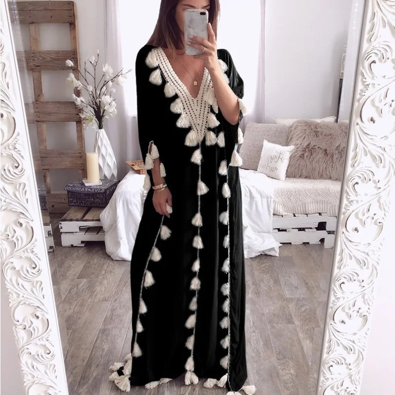 Islam Abaya Dress Women Boho Summer Tassel Moroccan Kaftan Islam Clothing India Ropa Long Robes Evening Gown