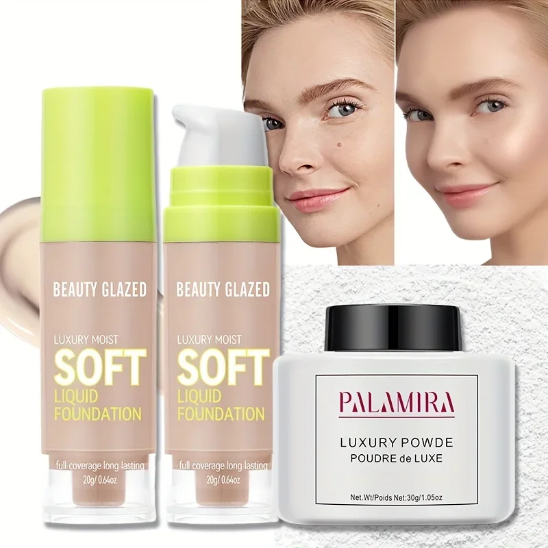 Beauty Glazed Matte Liquid Foundation & Loose Powder Set Full Coverage Long-Lasting Oil Control Moisturizing Loose Powder