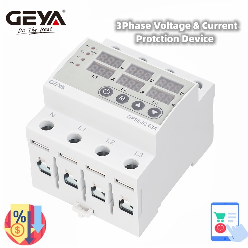 GEYA GPS8-03 Din Rail 3 Phase Adjustable Voltage Relay Over Under Voltage Monitor with Current Protection 63A 80V-400V