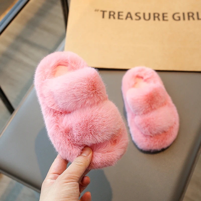 New Children Plush Shoes for Girls Korean Style Thick Sole Parent-child Plush Slippers Korean Style Versatile Cute Princess Flat 5