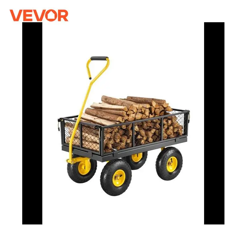 Portable Hand Cart VEVOR Steel Garden Cart Pullable on Wheels Metal Yard Wagon Cart All Terrain Tires Mesh Removable Sides Rotating Handle