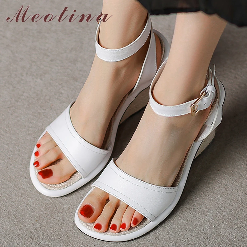 

Meotina Women Genuine Leather Round Toe Wedges High Heel Sandals Buckle Espadrille Ladies Fashion Casual Shoes Summer Spring