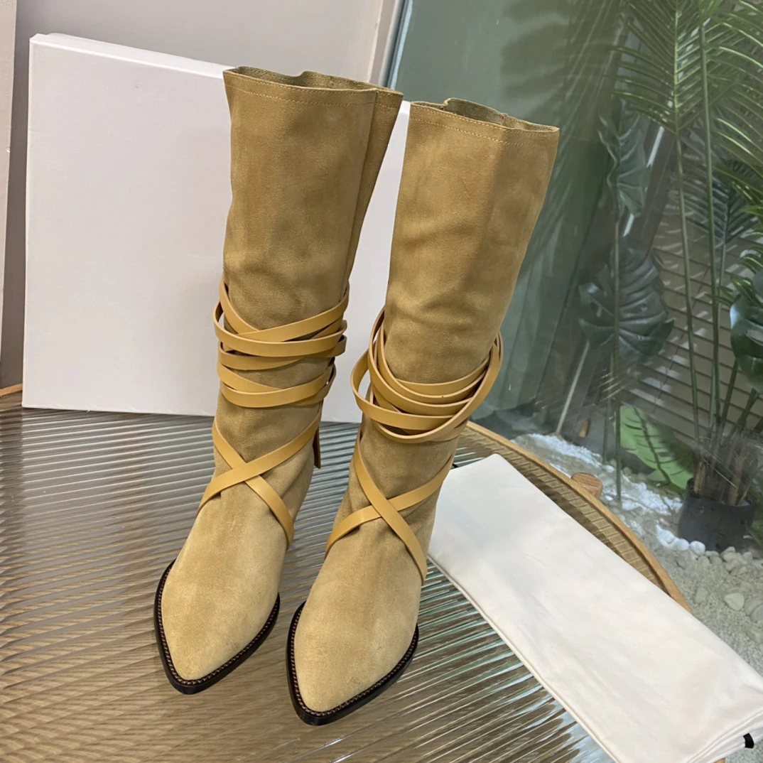 

Women Boots Luxury Calfskin Pointed Toe Knee-High Low Heels Natural Suede Leather Wrapping Ties Retro Western Female Boots