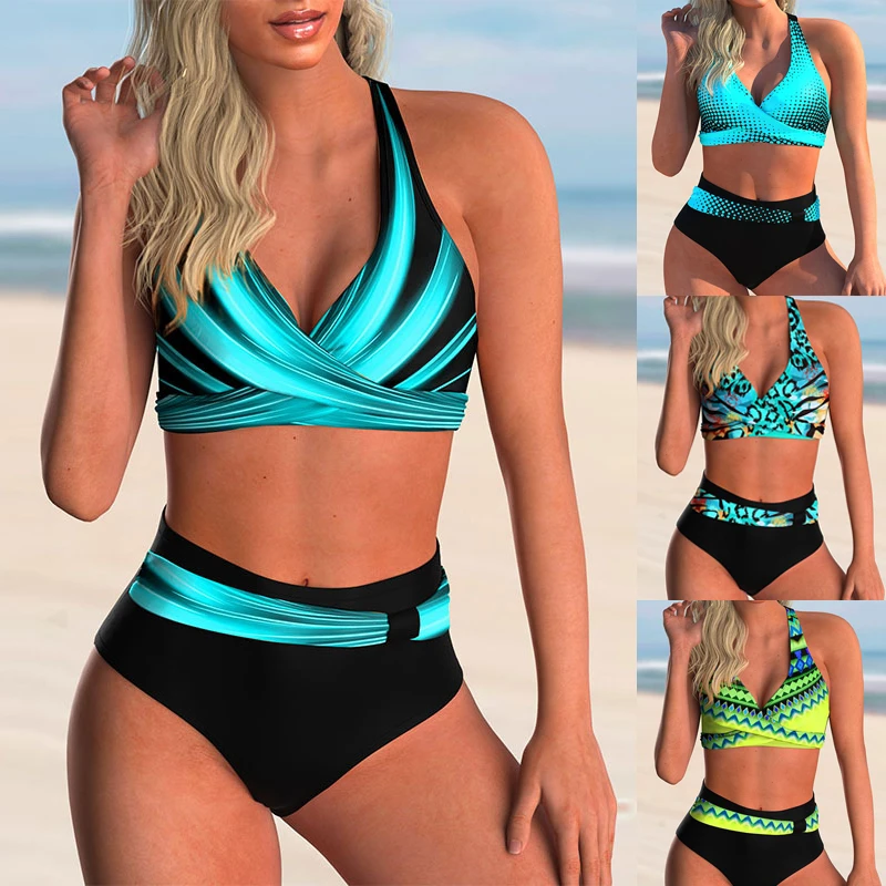 2022 New Swimsuit Sexy Plus Size High Waist Printed Women Bikini Set Beachwear Push Up Bathing Suit Female Swimwear Two Piece high leg bikini set