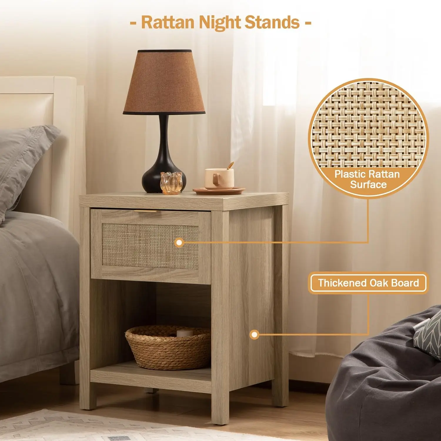 Rattan Nightstands Set of 2, Farmhouse Night Stands