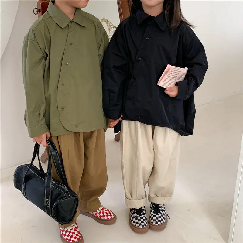 Korean style unique design solid color shirts Unisex Children cotton loose shirt Tops