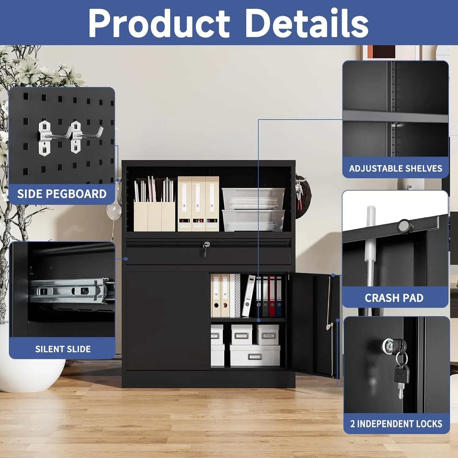 Storage with 1 Drawer, 41.2" Steel Lockable Storage with Side Pegboard, Locking Metal Cabinet for 6