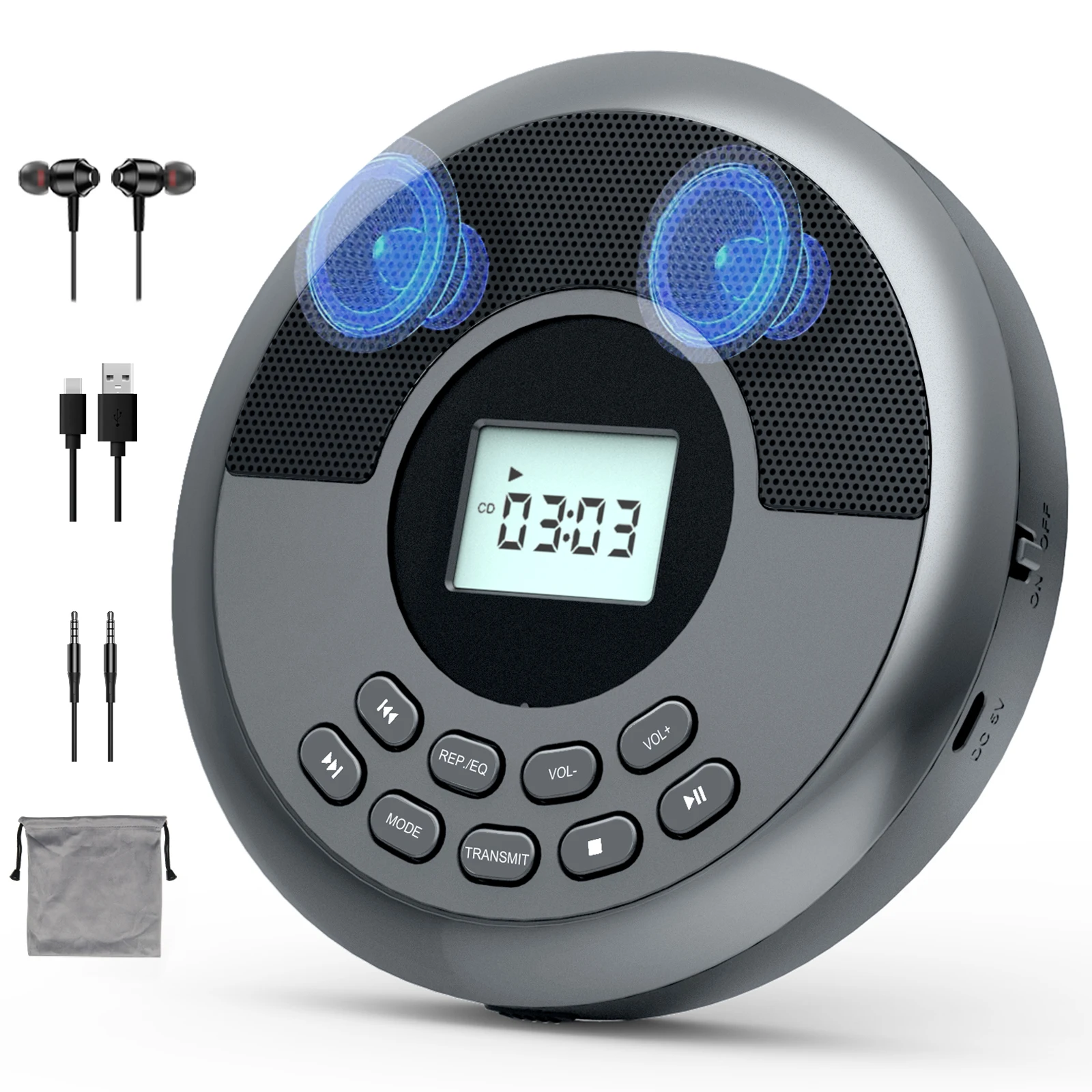 Bluetooth cd player portable rechargeable discman with speakers and headphones walkman cd player with USB bluetooth transmitting portable cd player