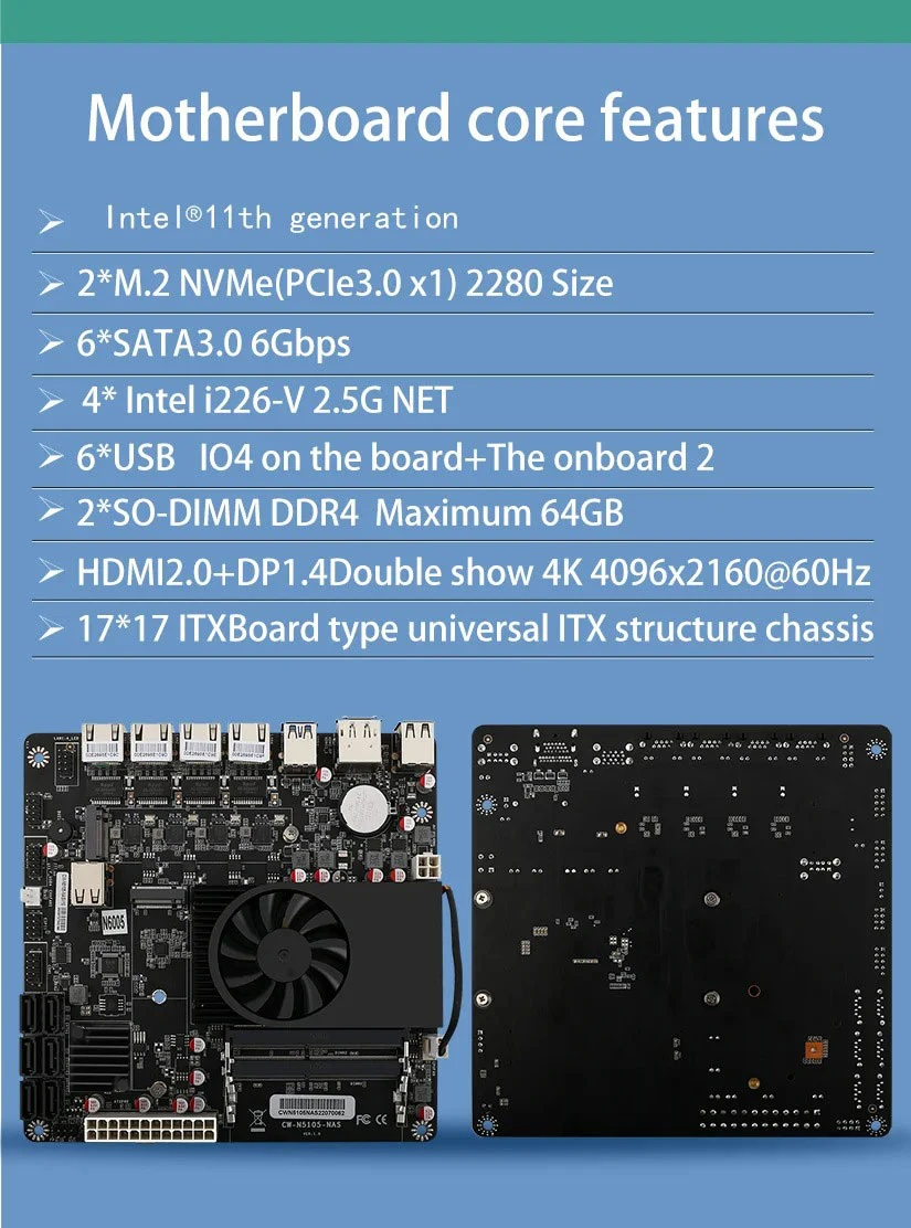 Description Picture 4 of itemN5105 Industrial Motherboard NAS Motherboards 4 Cores 4 Threads Low Power Processor 4x2.5G I225 Network 2 M.2 Slot 6xSATA DP HD