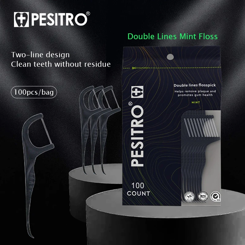 

100pcs Double Lines Floss Sticks Mint Flavor Polymer Floss Toothpick Portable Clean Gap Between Teeth Not Hurt Gum Oral Cleaning