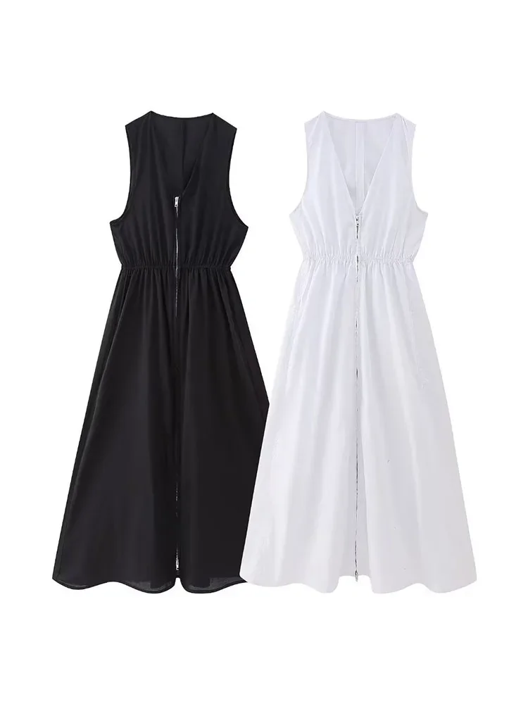 

Women 2023 Spring New Chic Fashion Poplin Decorated With Zipper Midi Dress Vintage Sleeveless Female Dresses Mujer