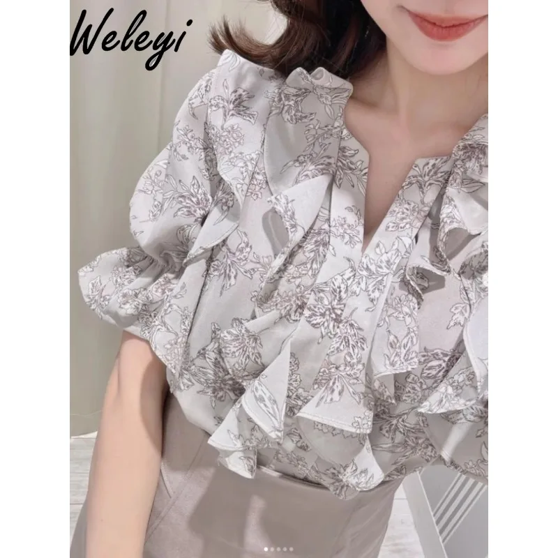 Sweet Floral Blouse Korean Fashion 2024 Spring New Cute Bell Sleeve Ruffled Chiffon Sweet Short Sleeved Women's Loose Shirt Tops