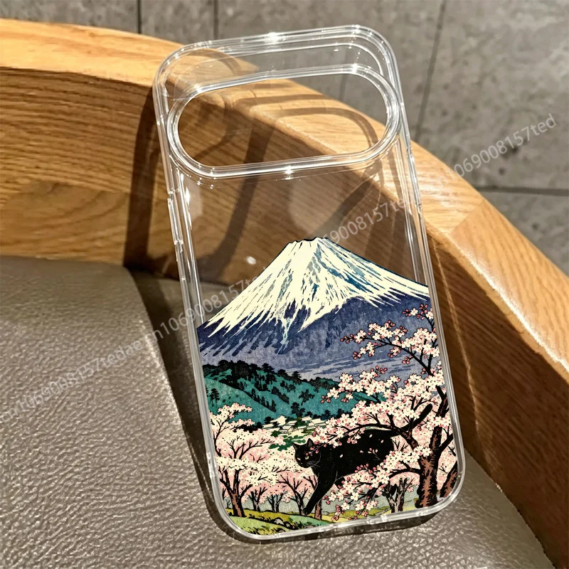 Mount Fuji Scenery Black Cat Clear Phone Case