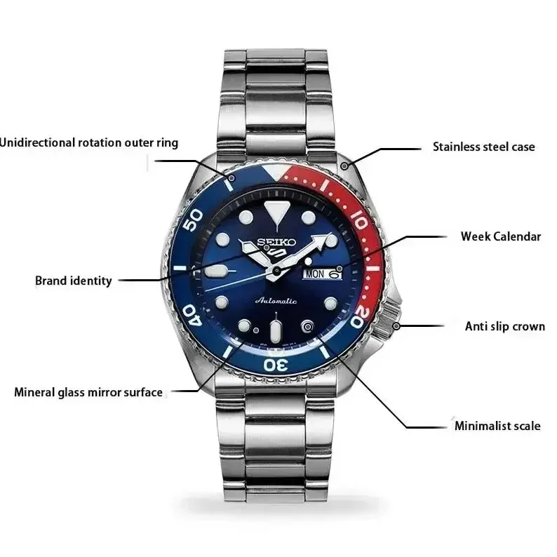 SEIKO Watch 5 Sports Series automatic Waterproof Steel Band Round Rotatable Quartz Classic Fashion Wristwatches