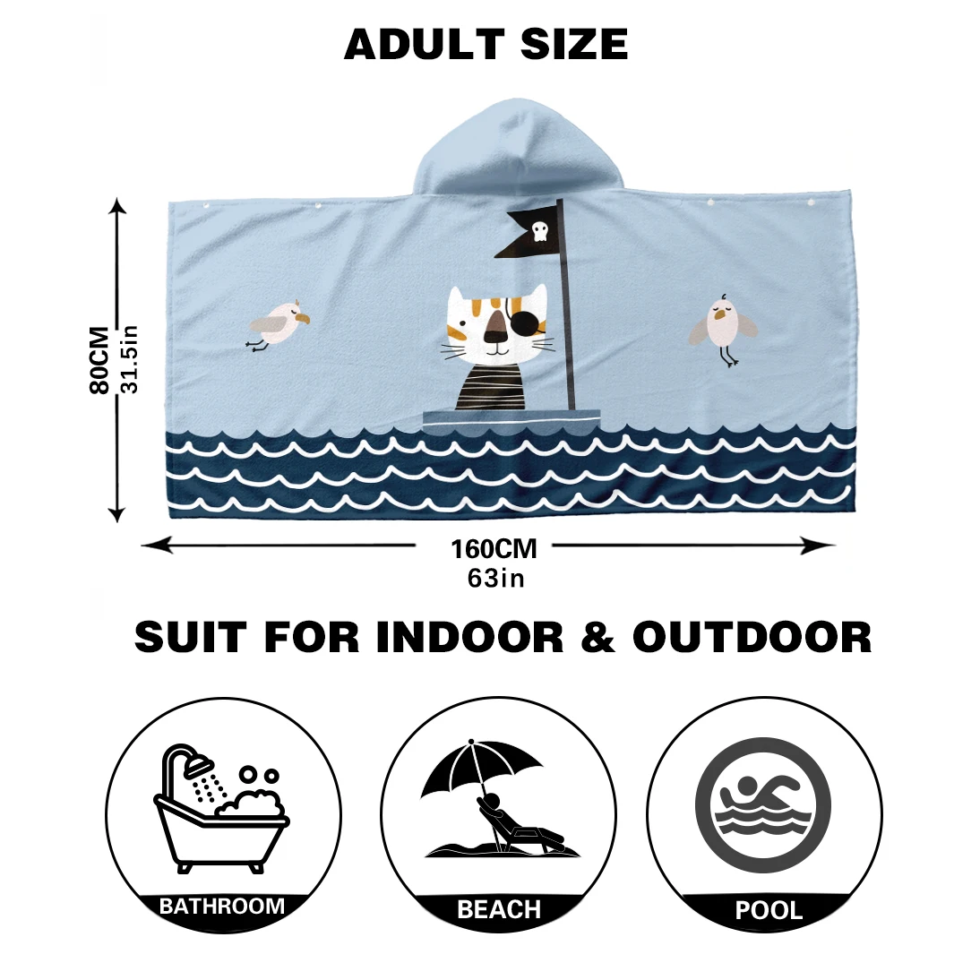 1pc Cartoon Cat Pirate Digital Printing Adult Towel Hooded Bathrobe Quick Dry Skin-friendly Soft Terry Cloth Beach Pool Bathroom