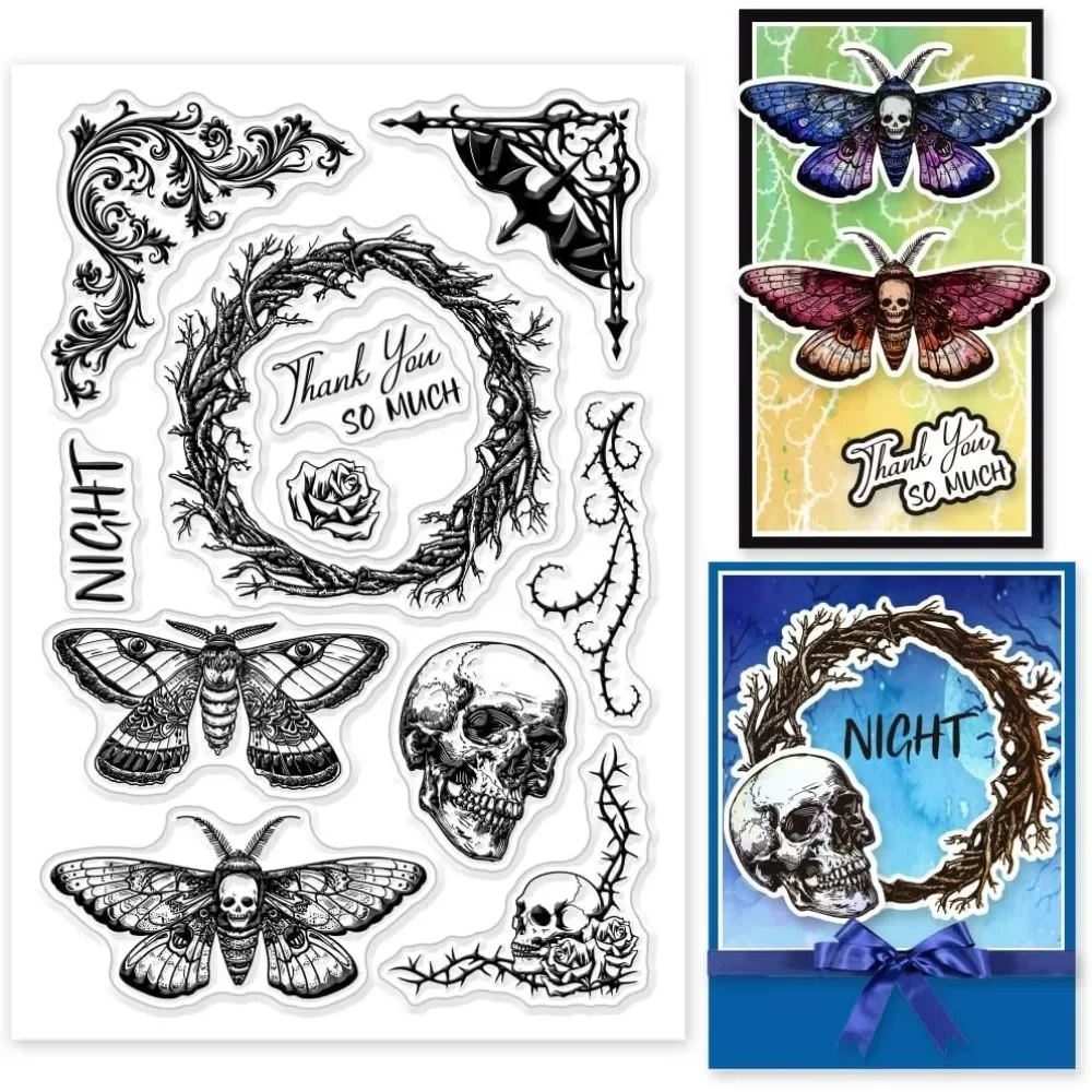 1pc Gothic Moth Clear Silicone Stamps for DIY Card Making Wreath Corner Frame Silicone Transparent Seal Skeleton Clear Stamps clear stamps,clear rubber stamps