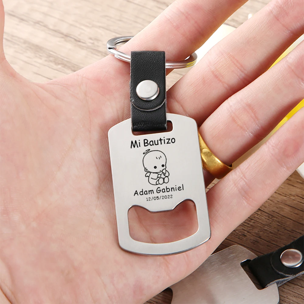 Custom Bottle Opener Keychain Baptism Favor Leather Buckle Key Chain Baby Birthday Party Souvenir Personalized Gifts For Guests belt rope lanyard clip keychain name tag holder keyring id card cord reel retract pull key chain recoil badge bottle opener