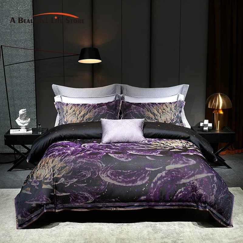 high-end-Satin-Jacquard-Egyptian-Cotton-Luxury-Purple-Bedding-Set-Duvet ...