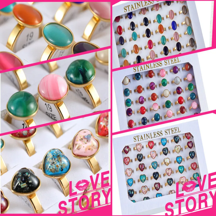 

Stainless steel boxed ring titanium steel colored stone cat's eye opal Heart ring couple ring men women party gift jewelry