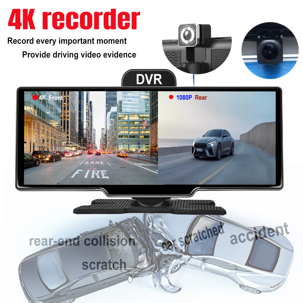 10.26 inch dashcam DVR  Car Carplay android auto wireless driving recorder  dual lens BT FM AUX 64G OBD Parking monitoring