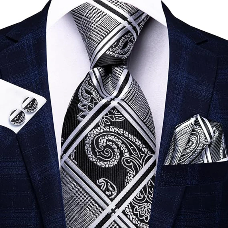 Business-Krawatte für Männer, Paisley-gestreifte Krawatte, Einstecktuch, Manschettenknöpfe, Set für Männer, Hochzeit, formelle Gravata-Anzug-Accessoires, Herren-Geschenk – Detail 4