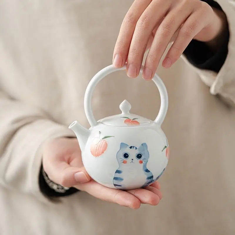 Ceramic Ru Kiln Cute Cat Teapot Creative Retro Household Side Handle Tea  Pot Porcelain Chinese Kung