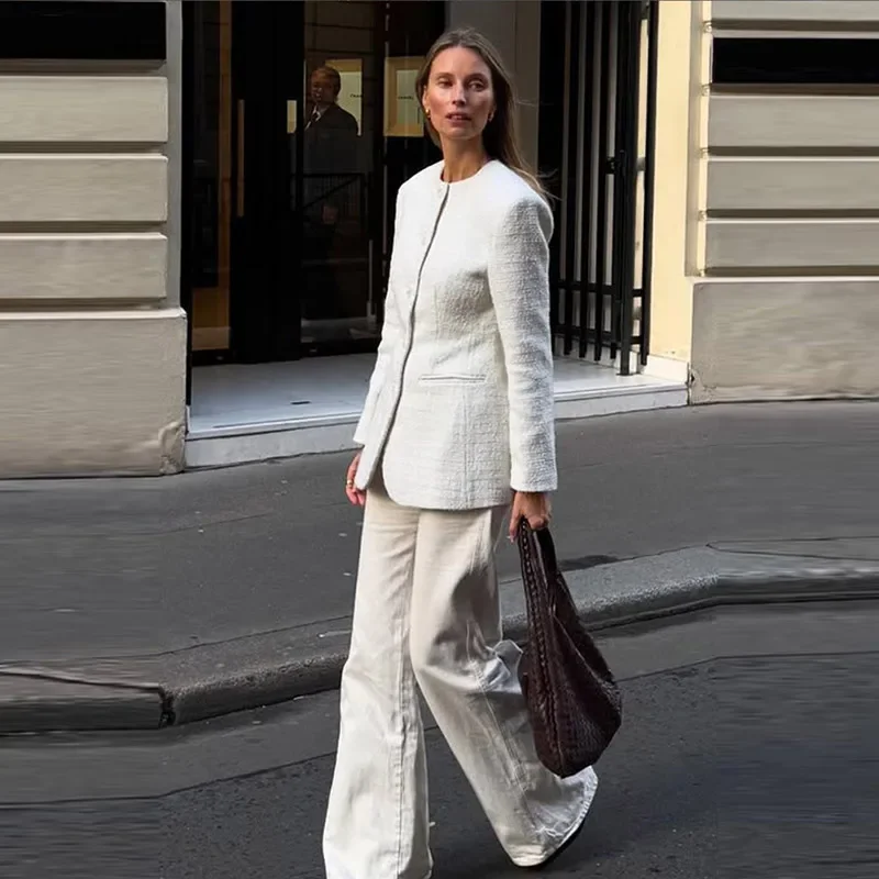 Elegante blazer de tweed para mujer, abrigo ajustado con cuello redondo y hombreras, chaqueta gruesa para mujer, ropa de oficina de primavera 2025