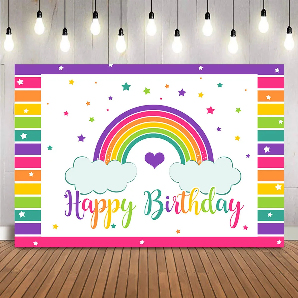 

Happy Birthday Background Rainbow Colorful Photo Booth Backdrop Little Stars Newborn Kids Children Theme Party Decoration Banner